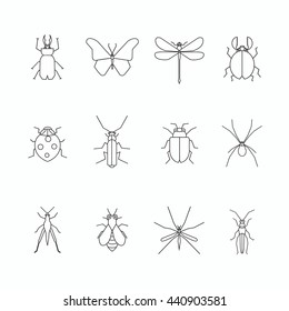 Insects thin line art icons set.