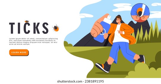 Insects ticks banner concept. Woman wth spray against mosquito in hands. Health care and prevention. Protection from bites. Cartoon flat vector illustration isolated on white background