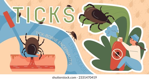 Inspira el collage de garrapatas con símbolos de encefalitis ilustración vectorial plana