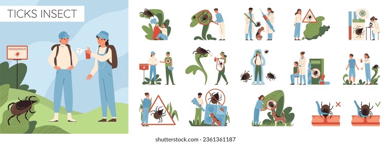 Insects ticks composition set with insecticide symbols flat isolated vector illustration