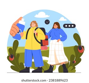 Insects ticks concept. Man and woman wth spray against mosquito in hands. Rest and leisure outdoor. Protection from bites. Cartoon flat vector illustration isolated on white background