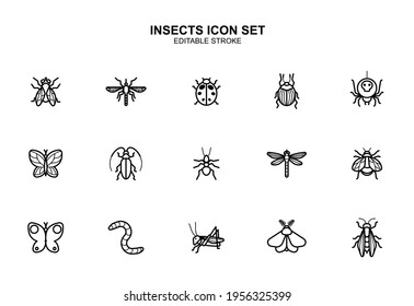 Insects vector icon set. Editable stroke. Insect illustration. Bee, fly, mosquito, ant, dragonfly, wasp, butterfly, cockroach, beetle, worm, grasshopper. Minimal design