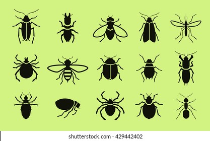 Insects vector icon set. Pest control. Cockroach, termite, fly, bee, mosquito, spider, flea, ant, mite, bug, beetle