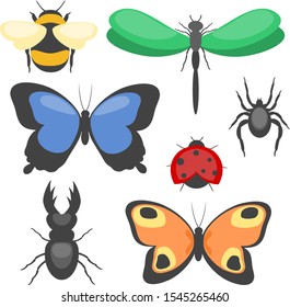 Insects vector icons set. Bumblebee, butterfly, spider, ladybug, dragonfly, rhinoceros beetle. Set of flat cartoon insects icons. 