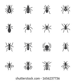 Insects vector icons set, modern solid symbol collection, Hexapod bugs filled style pictogram pack. Signs logo illustration. Set includes icons as spider, mosquito, fly, ant, moth, mite, pest, cricket