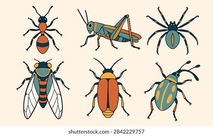 Insects Vector Illustration Set: Grasshopper, Spider, Wasp, Beetle and Bug in Retro Flat Style