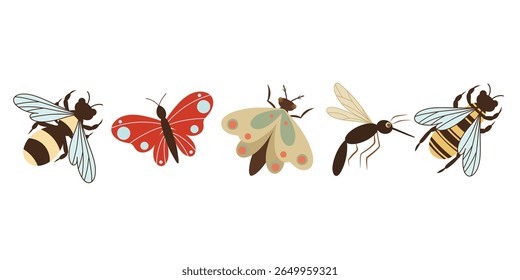 Vetor de insetos definido em um fundo branco, traça, borboleta, abelha mosquito, insetos vespa. Insetos desenhados à mão