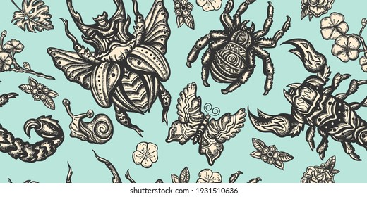 Insects. Vintage background. Stag beetle, butterfly, snail, scorpion and spider. Old school tattoo vector seamless pattern 