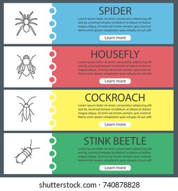 Insects web banner templates set. Spider, cockroach, housefly, stink bug. Website menu items. Vector headers design concepts