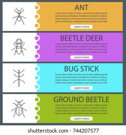 Insects web banner templates set. Ant, stag bug, phasmid, ground beetle. Website menu items. Vector headers design concepts