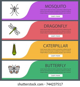 Insects web banner templates set. Dragonfly, mosquito, caterpillar, butterfly. Website color menu items. Vector headers design concepts