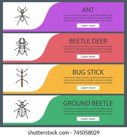 Insects web banner templates set. Ant, stag bug, phasmid, ground beetle. Website color menu items. Vector headers design concepts