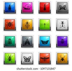 insects web icons in square colored buttons for user interface design