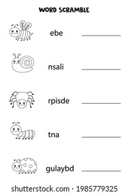 Insekten schrecken für Kinder. Sortieren Sie Buchstaben in die richtige Reihenfolge. Arbeitsblatt für Kinder.