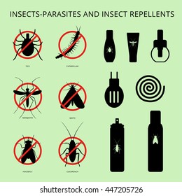 Insects-parasites and pests. Insect repellent isolated on green.