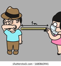 Insecure Girl Maintaining Distance Between Herself And  Coughing Sneezing Lover Boy At Least 3 Feet Or 1 Meter With Nylon Folding Ruler. The Key To Stop Spreading Disease. Virus Control and Prevention