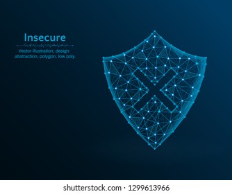 Insecure low poly vector illustration, shield and cross icon on blue background, abstract vector illustration made from points and lines