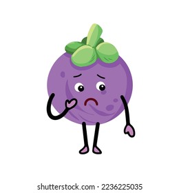 Insecure and sad mangosteen purple fruit with concerned pose vector character mascot illustration isolated on light pink background. Cartoon flat art styled artwork cute and kawaii themed drawing.