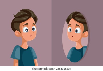 
Insecure Teen Boy Looking in the Mirror Vector Cartoon Illustration. Confused teenager going trough puberty feeling anxious.
