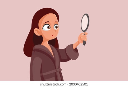 Insecure Teen Girl Looking In The Mirror Vector Cartoon. Female Teenager Having Low Self-esteem Having Self-deprecating Thoughts Suffering From Body Dysmorphia 
