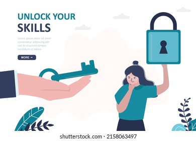 Insecure woman holding padlock. Unlock your skills. Woman thinks about her talents and opportunities. Big hand gives key. Training, development of skills. Girl student, aspiring entrepreneur. Vector