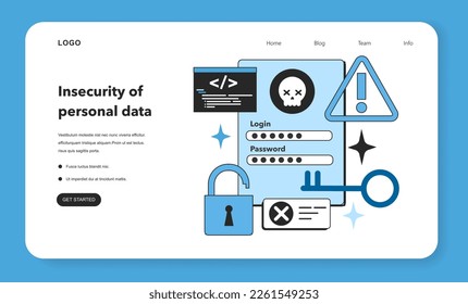 Die Unsicherheit von personenbezogenen Daten als neuronale Netzimplementierung riskiert Web-Banner oder Landing-Page. Selbstlernende Computersysteme, die Daten verarbeiten. Tiefmaschinenlerntechnologie. Flache Vektorgrafik