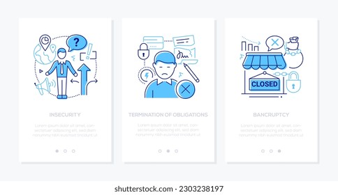 Insecurity and termination of obligations - line design style banners set with place for text. Information pressure, confusion, break the contract, crisis, store closure, bankruptcy, financial problem