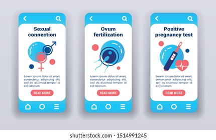 Insemination process on mobile app onboarding screens. Flat icons, sexual connection, ovum fertilization, positive pregnancy test on blue background. Banners for website and mobile kit. 