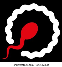 Insemination vector icon. Style is bicolor flat symbol, red and white colors, rounded angles, black background.