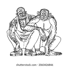Inseparable friends squatting together. A gangster with his partner. A criminal gang. Vector illustration with black contour lines isolated on a white background in cartoon and hand-drawn style.