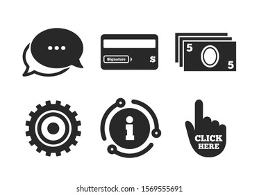 Insert bank card, click here and check PIN, processing and get cash symbols. Chat, info sign. ATM cash machine withdrawal icons. Classic style speech bubble icon. Vector