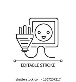 Insert for cable linear icon. Type A socket. Unplug appliance wire. Cable disconnect. Thin line customizable illustration. Contour symbol. Vector isolated outline drawing. Editable stroke