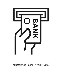 Insert card icon. Electronic bank card with hand. Simple line icon. Isolate on white background.