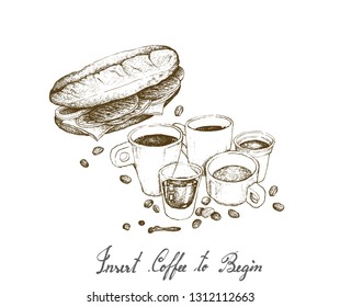 Insert Coffee to Begin, Illustration Hand Drawn Sketch of A Cup and Coffee Glass Pot with Homemade Freshly Baguette Sandwich Isolated on White Background.
