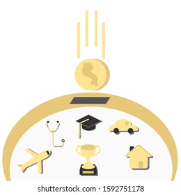 Insert coin in bank to reach any financial goal, education, medical, car, house, travel and all achievements. Save money for personal purpose, financial and business concept in flat vector cartoon.