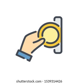 Insert coin color line icon. Hand inserting coin vector outline colorful sign.