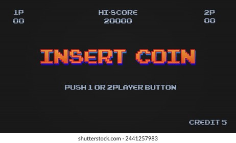 INSÉREZ UNE PIÈCE POUR CONTINUER .pixel art .8 bit jeu.retro. pour les éléments de jeu dans des illustrations vectorielles.Arrière-Plan Futurisme rétro Sci-Fi. néon grid.et étoiles brillantes de la maquette d'arcade vintage
