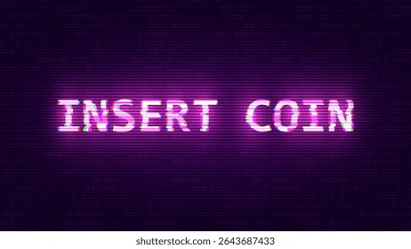 INSERIR MOEDA Palavra com Falha. Banner de estilo Cyberpunk do Holograma HUD. Neon Tech Game Over Glitch Background (em inglês). Elemento de design para evento de jogadores técnicos. Ilustração de vetor.