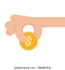 Insert coin, hand pay money gesture, colorful flat style vector illustration