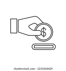 Insert coin icon design, pay money symbol. Hand hold coin. Vector illustration