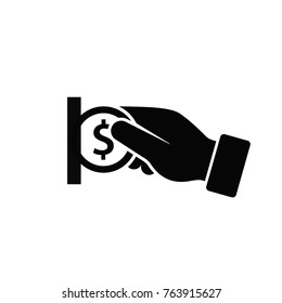 Insert Coin Icon, Pay Money Flat Silhouette. Hand Hold Coin. Vector.