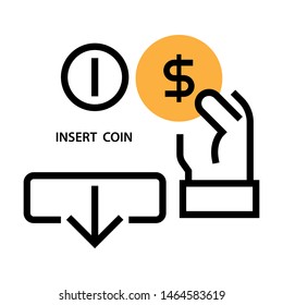 Insert coin icons set. Hand holding coin with insert coin and slot. Stroke outline style. Vector. Isolate on white background.