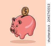 Insert coin into piggy Bank. Cute Pink Pig Bank Object concept Cartoon Icon Vector
