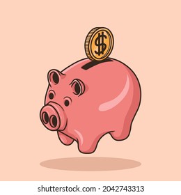 Insert Coin Into Piggy Bank. Cute Pink Pig Bank Object Concept Cartoon Icon Vector
