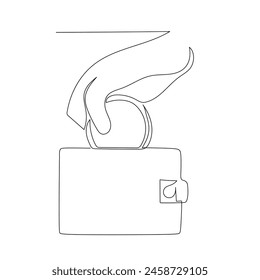 insert coin to wallet one line drawing. continuous line drawing for business and finance design and concept. Modern hand drawn style vector illustration