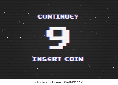 Insertar monedas para continuar jugando.cuenta regresiva para continuar Después del juego sobre la pantalla, estilo retro de 8 bits.píxel arte.