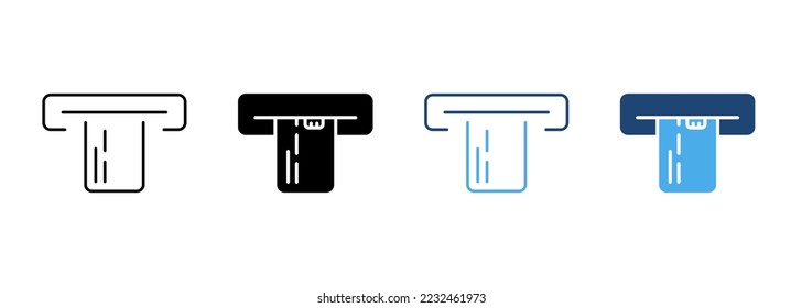 Insert Credit Card to ATM Line and Silhouette Icon Set. Banking Electronic Payment Transaction Pictogram. Pay By Credit Card in POS Symbol Collection on White Background. Isolated Vector Illustration.