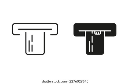 Insert Credit Card to ATM Line and Silhouette Icon Set. Banking Electronic Payment Transaction Pictogram. Pay By Credit Card in POS Symbol Collection on White Background. Isolated Vector Illustration.