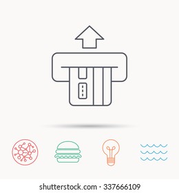 Insert credit card icon. Shopping sign. Bank ATM symbol. Global connect network, ocean wave and burger icons. Lightbulb lamp symbol.