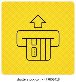 Insert credit card icon. Shopping sign. Bank ATM symbol. Linear icon on orange background. Vector